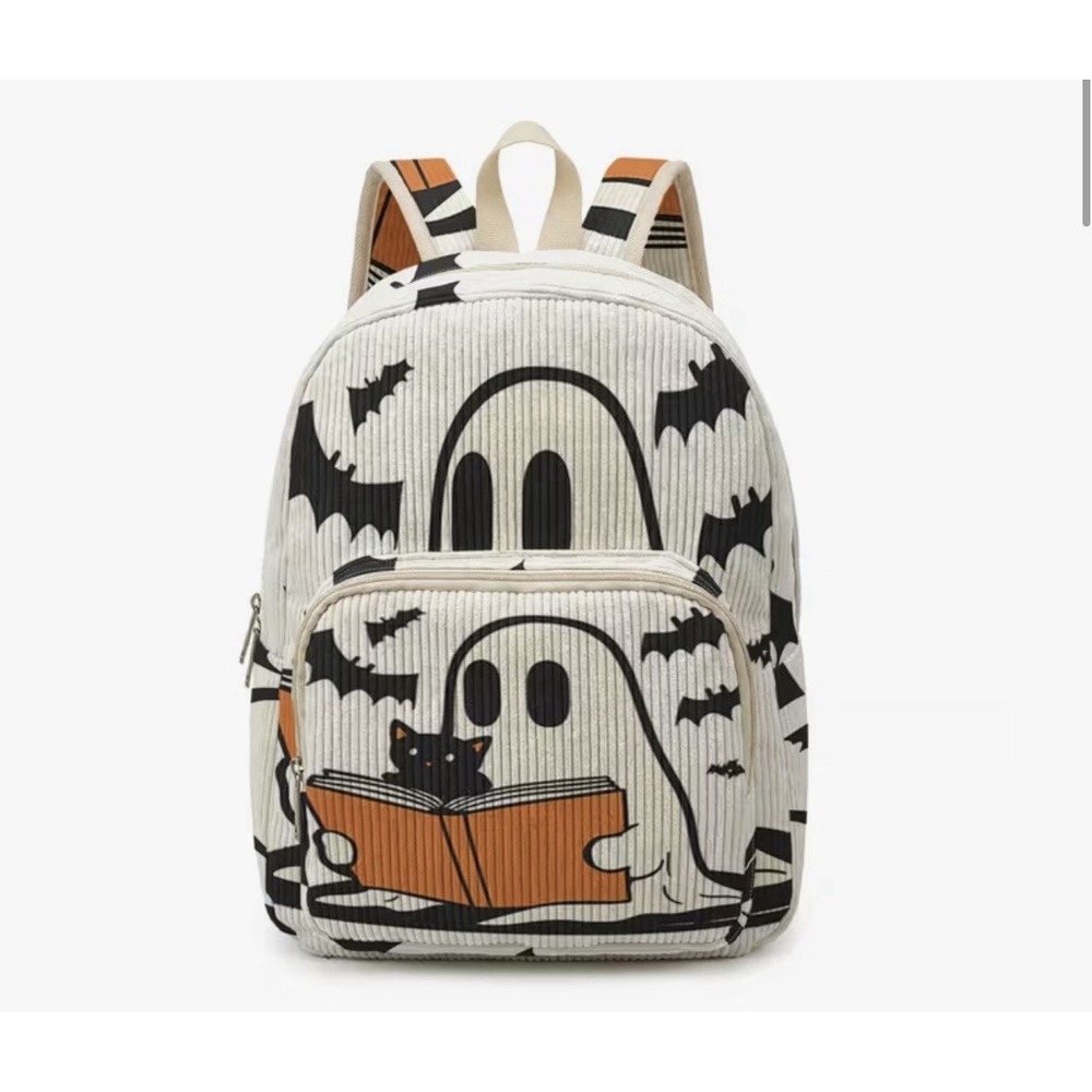 Ghost Cat Reading Pattern + 2D Printed Backpack New
